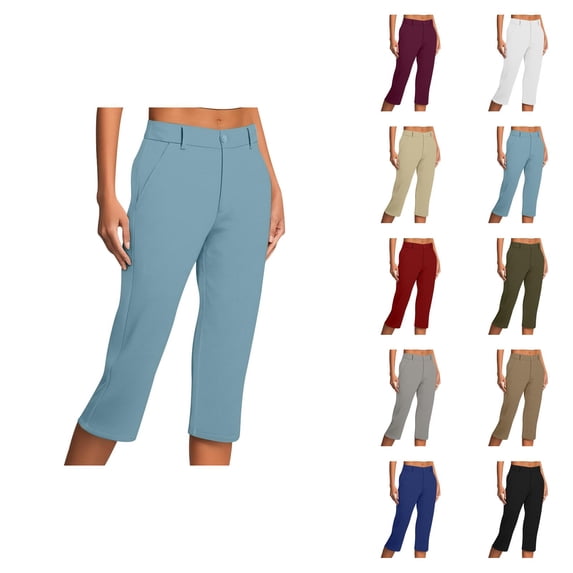 Capri Pants for Women Dressy Casual Slim Fit Straight Leg Office Work Pants Cropped Slacks with Pockets