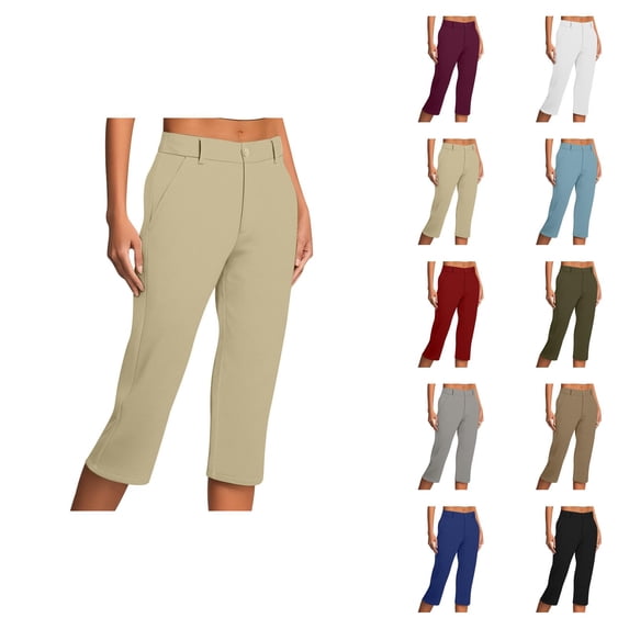 Capri Pants for Women Dressy Casual Slim Fit Straight Leg Office Work Pants Cropped Slacks with Pockets