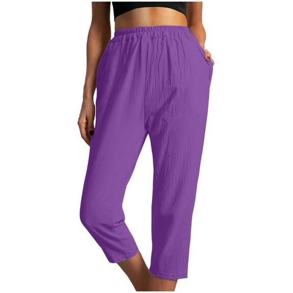 Capri Pants for Women Elastic High Waist Cotton Linen Straight Leg Pants Solid Casual Baggy Summer Cropped Trousers