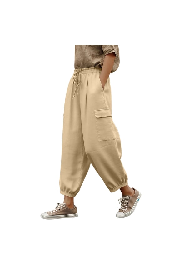 Capri Pants for Women Elastic High Waist Cuffed Hem Cargo Linen Cropped Trousers with Pockets Loose Fit Sweatpants