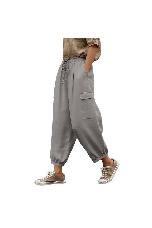 Capri Pants for Women Elastic High Waist Cuffed Hem Cargo Linen Cropped Trousers with Pockets Loose Fit Sweatpants