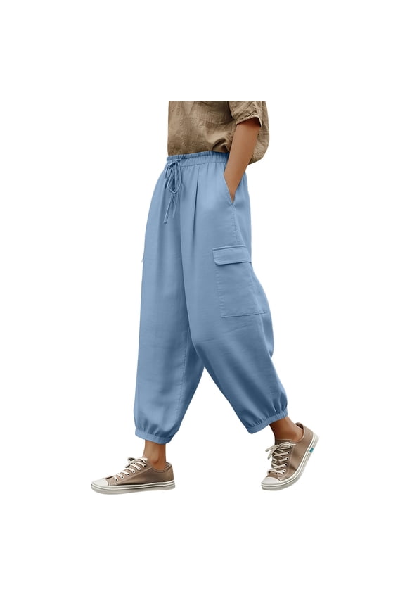 Capri Pants for Women Elastic High Waist Cuffed Hem Cargo Linen Cropped Trousers with Pockets Loose Fit Sweatpants