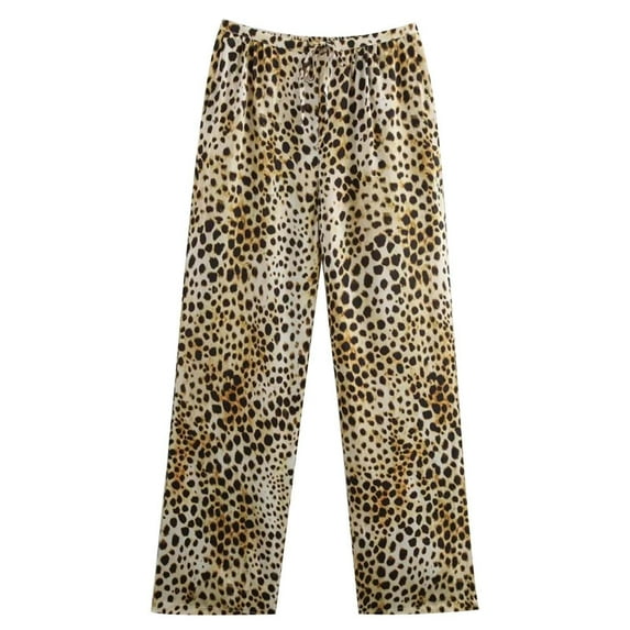 Capri Pants for Women Elastic Waist Leopard Print Sexy Loose Fit Straight Trousers Khaki Casual Lounge Pant L