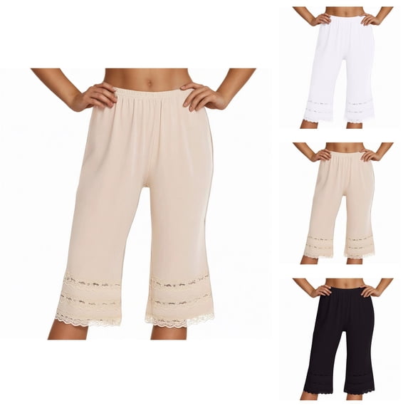 Capri Pants for Women Elastic Waist Loose Fit Wide Leg Lace Hem Lightweight Soft Pajama Pants Womens Capris