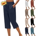 thumbnail image 1 of Capri Pants for Women Elastic Waisted Straight Leg Linen Pants with Pocket Solid Color Drawstring Button Summer Cropped Trousers, 1 of 6