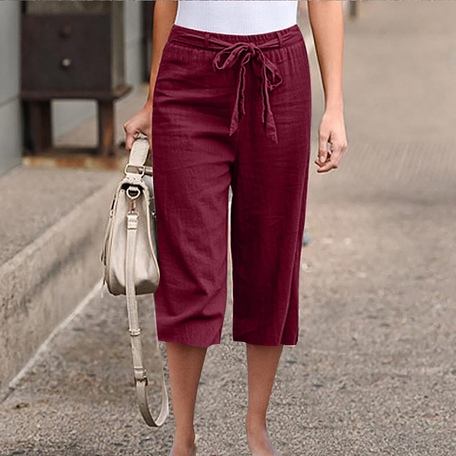 LMSXCT Plus Size Capri Pants for Women,Women's Casual Linen Cropped Pants  High Waist Solid Color Pocket Ankle Capris Trousers : : Clothing