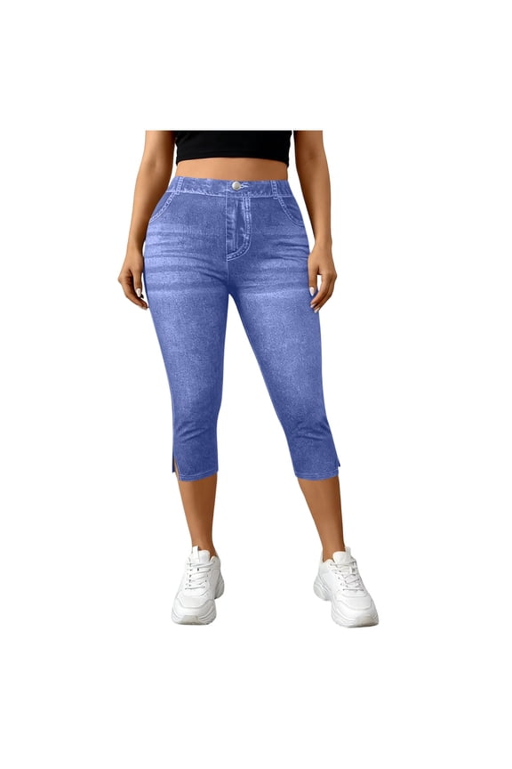 Capri Pants for Women,Faux Jeans Capri Pants for Women Stretchy High Waisted Denim Capris Leggings Soft Butt Lifting Yoga Pants Tights