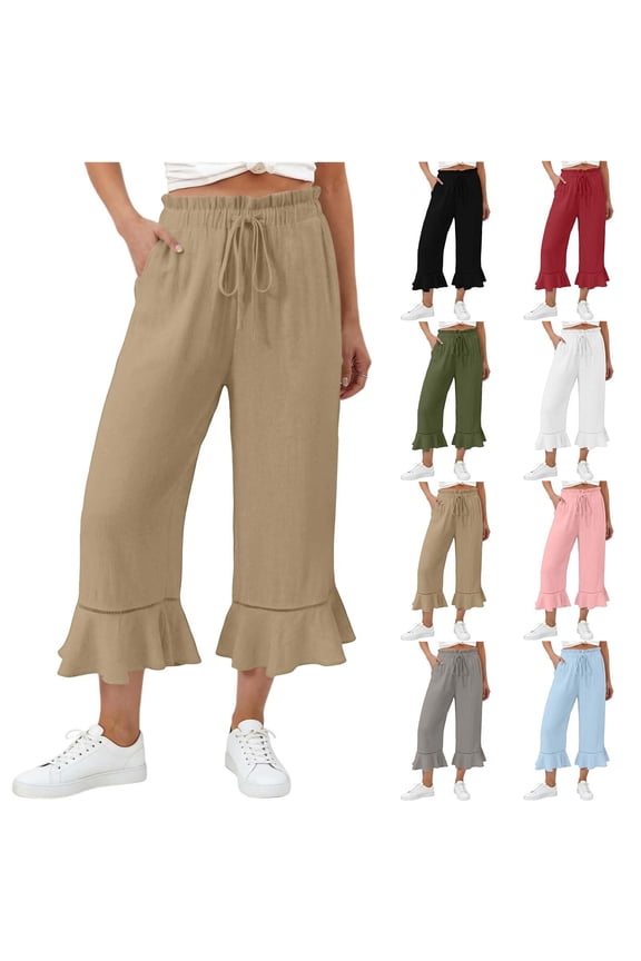 Capri Pants for Women Flowy Ruffle Hem Wide Leg Capris Gauze Drawstring High Waisted Summer Vacation Beach Pants, 2XL