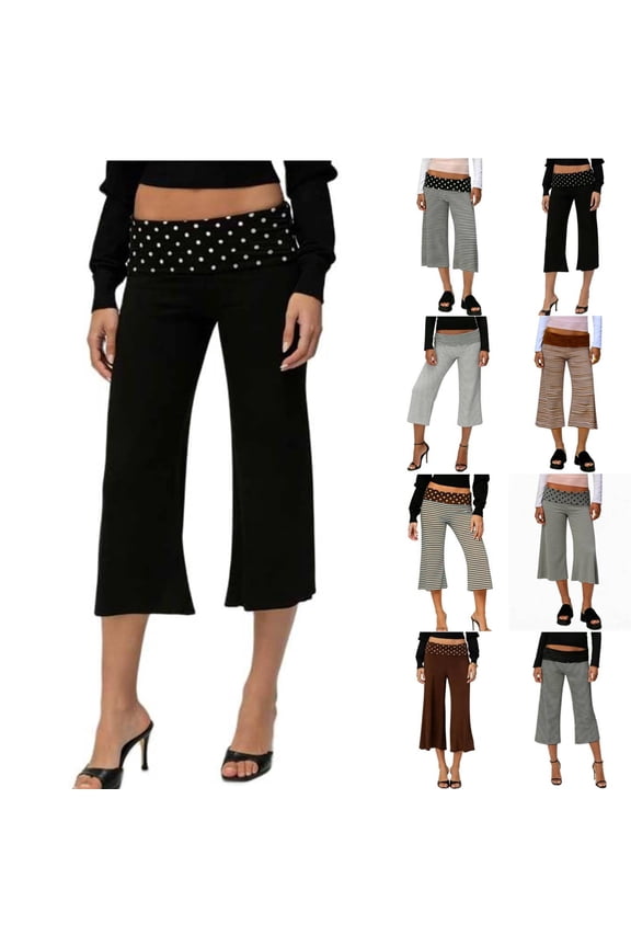 Capri Pants for Women Fold Over Low Rise Wide Leg Yoga Capris Summer Cute Going Out Flowy Gaucho Pants Streetwear Black S