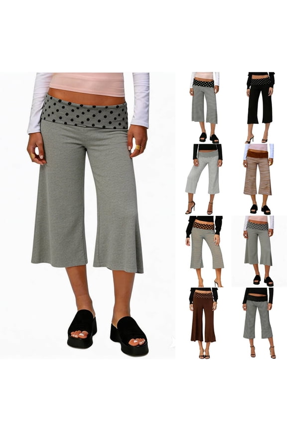 Capri Pants for Women Fold Over Low Rise Wide Leg Yoga Capris Summer Cute Going Out Flowy Gaucho Pants Streetwear White 3XL