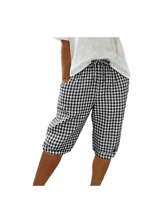 Capri Pants for Women Loose Drawstring Pajama Pants Summer Beach Casual Sleep Plaid Shorts