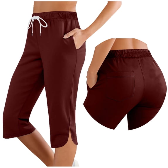 Capri Pants for Women High Waist Drawstring Cropped Trousers Split Side Knee Length Athletic Pant with Pockets