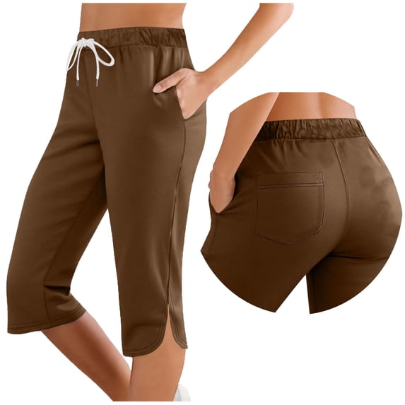 Capri Pants for Women High Waist Drawstring Cropped Trousers Split Side Knee Length Athletic Pant with Pockets