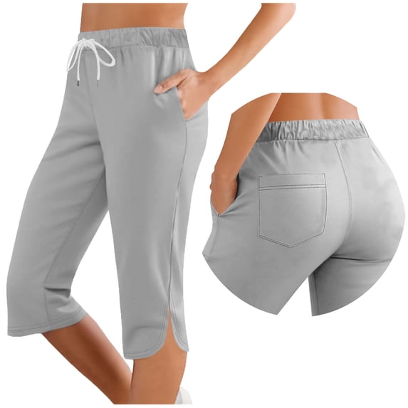 Capri Pants for Women High Waist Drawstring Cropped Trousers Split Side Knee Length Athletic Pant with Pockets