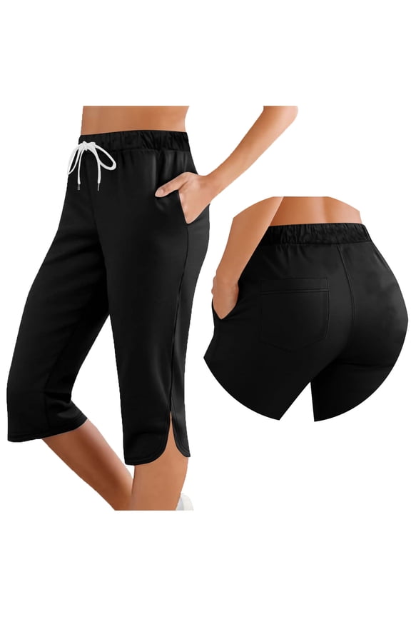 Capri Pants for Women High Waist Drawstring Cropped Trousers Split Side Knee Length Athletic Pant with Pockets