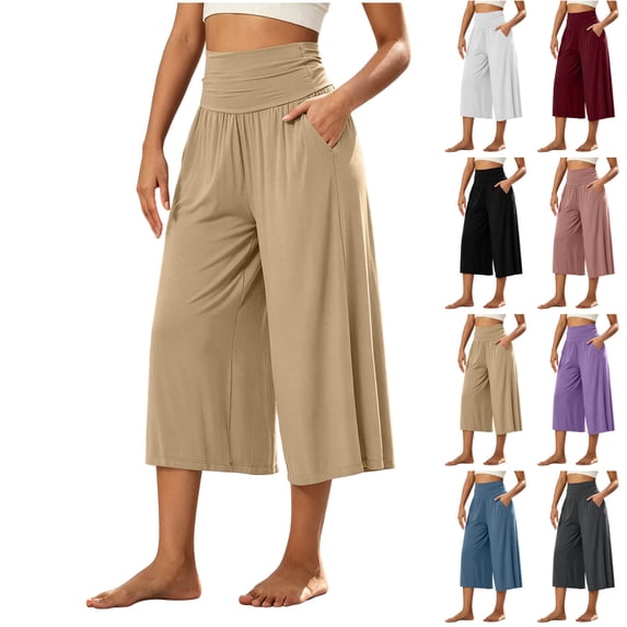 Capri Pants for Women High Waist Workout Yoga Pants with Pockets Lightweight Wide Leg Cropped Trousers Loungewear