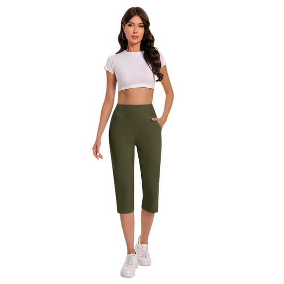 Capri Pants for Women High Waist Workout Yoga Pants with Pockets Tummy Control Straight Leg Crop Leggings Knee Length for Work