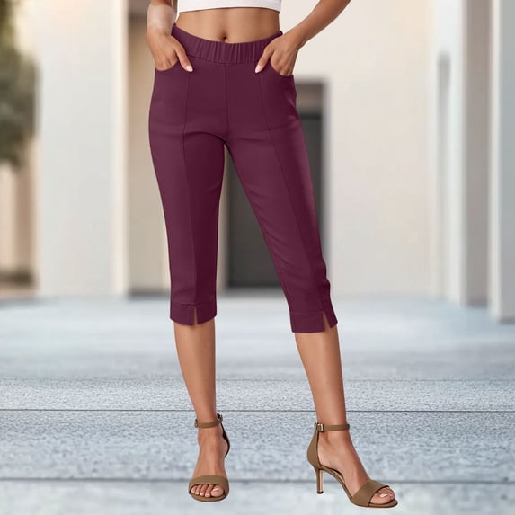 Capri Pants for Women High Waisted Pull On Elastic Waist Dressy Casual Stretchy Capris Trousers Pants Pockets
