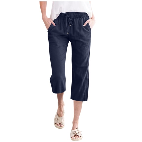 Capri Pants for Women High Waisted Relaxed Fit Elastic Knit Waist Casual Capris Trousers Cropped Pants Navy M