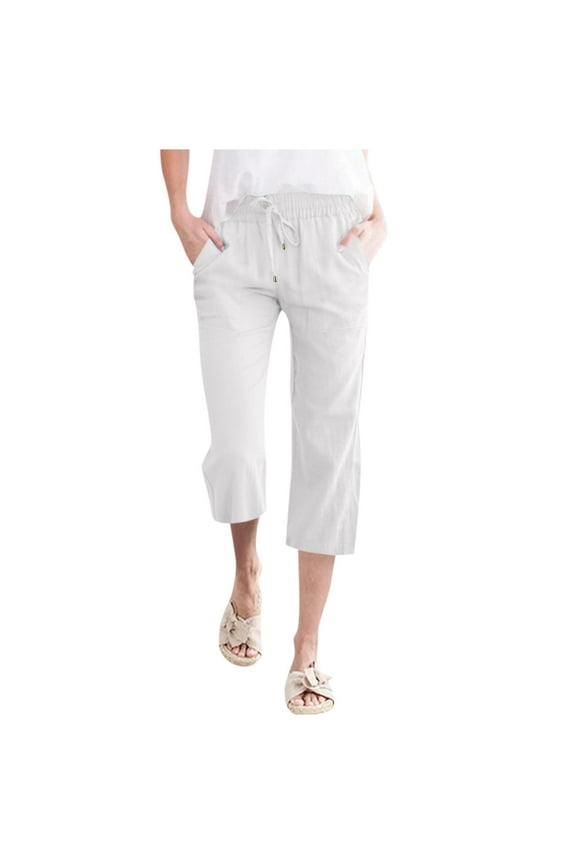 Capri Pants for Women High Waisted Relaxed Fit Elastic Knit Waist Casual Capris Trousers Cropped Pants White M