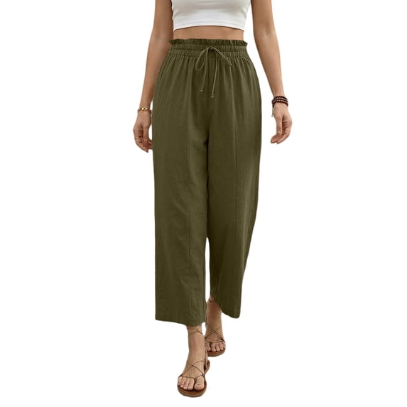 Capri Pants for Women High Waisted Wide Leg Casual Lounge Pant Summer Adjustable Drawstring Trousers with Pockets Army Green L