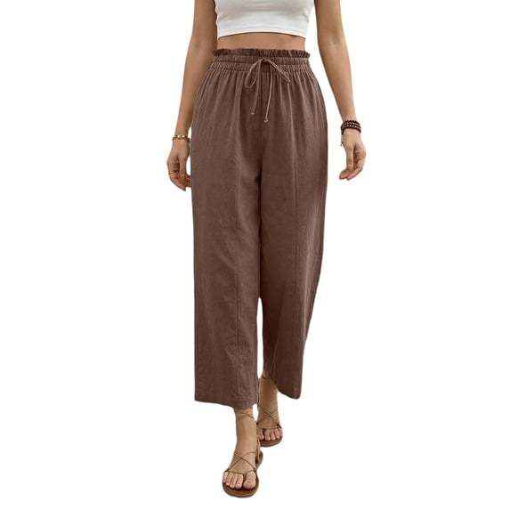 Capri Pants for Women High Waisted Wide Leg Casual Lounge Pant Summer Adjustable Drawstring Trousers with Pockets Brown S