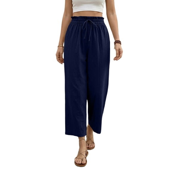 Capri Pants for Women High Waisted Wide Leg Casual Lounge Pant Summer Adjustable Drawstring Trousers with Pockets Navy XL