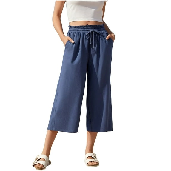 Capri Pants for Women High Waisted Wide Leg Casual Lounge Pant Summer Capris Adjustable Drawstring with Pockets,Navy,S