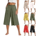 thumbnail image 1 of Capri Pants for Women High Waisted Wide Leg Linen Palazzo Trousers Pull On Elastic Smock Waist Loose Flowy Pants Army Green XL, 1 of 5