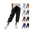 thumbnail image 1 of Capri Pants for Women Knee Length Cotton Linen Capri Pants Elastic Waist Summer Casual Long Shorts with Pockets, 1 of 9