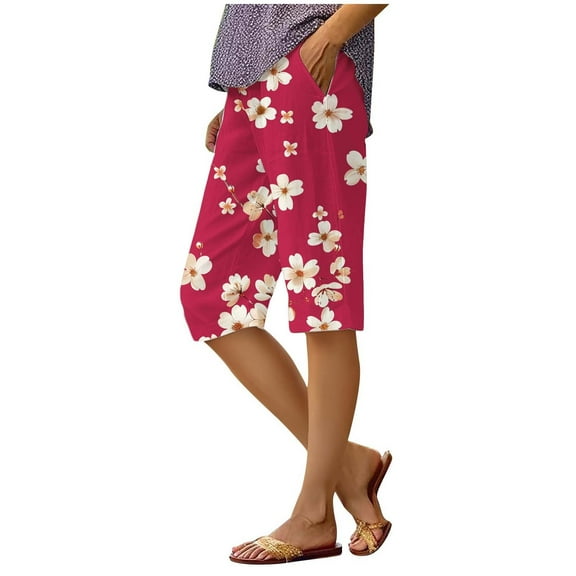 Capri Pants for Women Knee Length Flower Printed Wide Leg Yoga Capris Dressy Casual Summer Crop Pants with Pockets Hot Pink S
