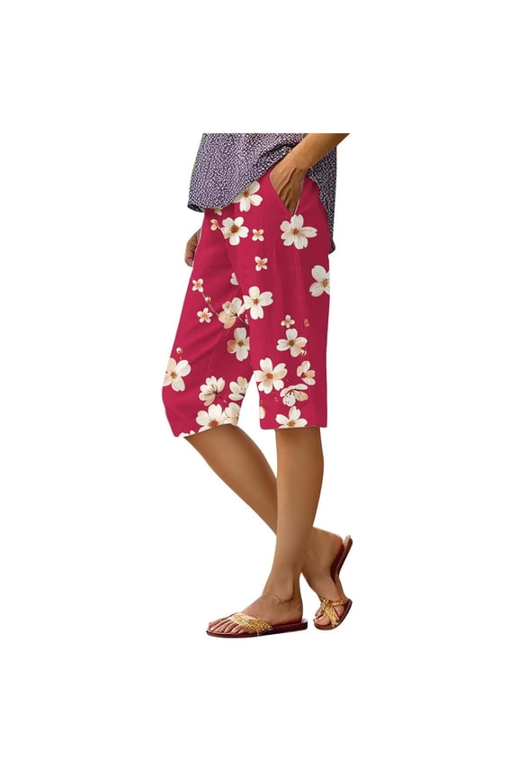 Capri Pants for Women Knee Length Flower Printed Wide Leg Yoga Capris Dressy Casual Summer Crop Pants with Pockets Hot Pink XL