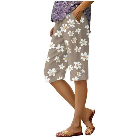 Capri Pants for Women Knee Length Flower Printed Wide Leg Yoga Capris Dressy Casual Summer Crop Pants with Pockets Khaki L