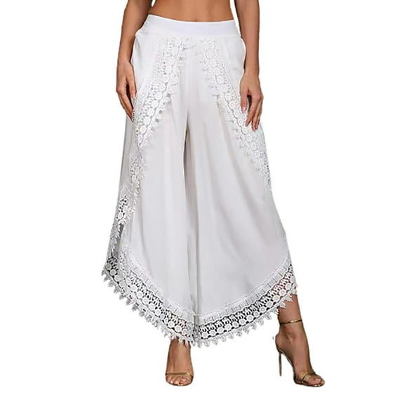 Capri Pants for Women Lace Trim Boho Wide Leg Palazzo Pants Casual High Waist Loose Baggy Comfy Beach Capris Trousers