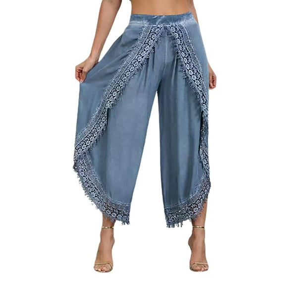 Capri Pants for Women Lace Trim Boho Wide Leg Palazzo Pants Casual High Waist Loose Baggy Comfy Beach Capris Trousers
