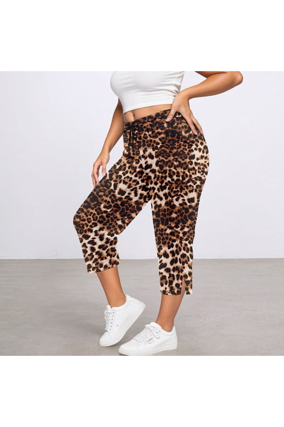 Capri Pants for Women Leopard Print Plus Size Trousers Loose Pocket Yoga Athletic Womens Pants Brown M