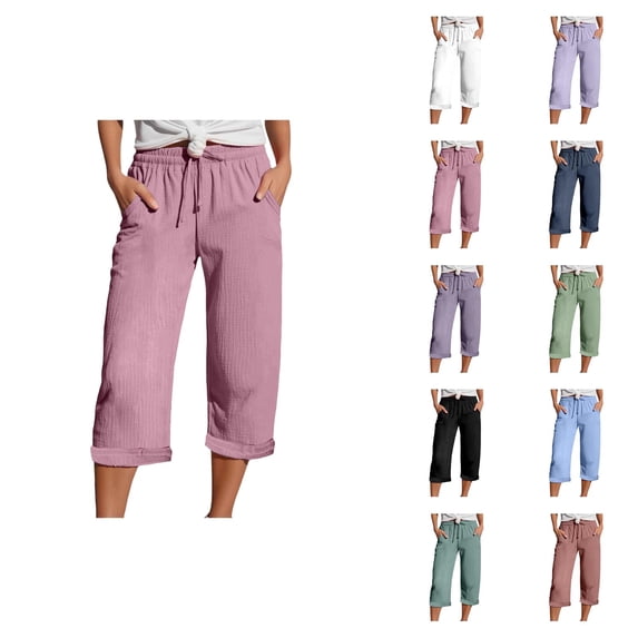 Capri Pants for Women Lightweight Breathable Lightweight Elastic Waist Relaxed Fit Straight Leg Capris with Pockets