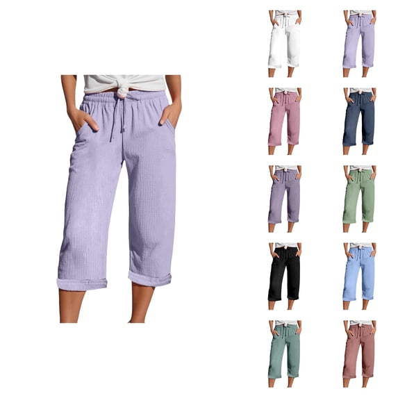 Capri Pants for Women Lightweight Breathable Lightweight Elastic Waist Relaxed Fit Straight Leg Capris with Pockets