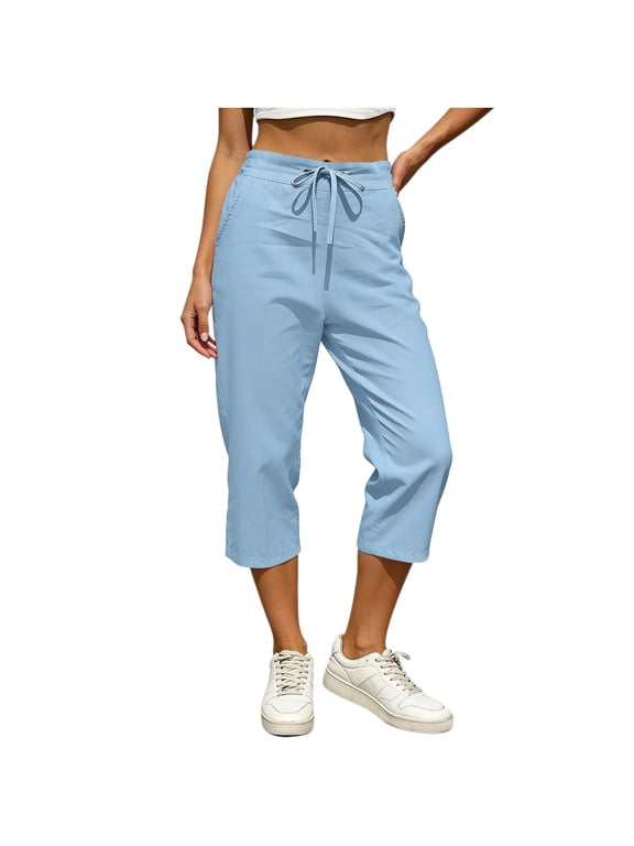 Capri Pants for Women Lightweight Elastic Waist Drawstring Pull On Casual Summer Capris Cropped Pants with Pockets S-2X