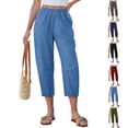 thumbnail image 1 of Capri Pants for Women Linen Barrel Petite Pants High Waisted Pull On Elastic Waist Casual Summer Capris Beach Vacation Trouser Blue L, 1 of 6