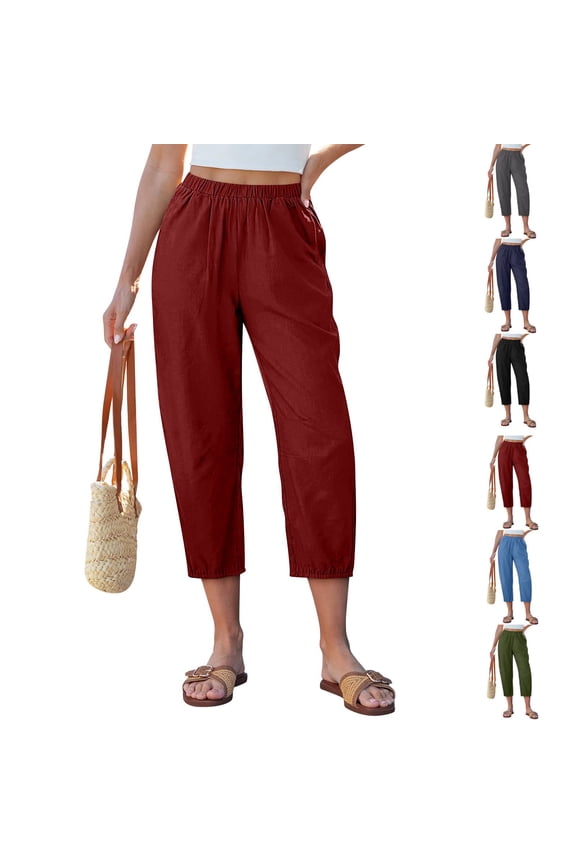 Capri Pants for Women Linen Barrel Petite Pants High Waisted Pull On Elastic Waist Casual Summer Capris Beach Vacation Trouser Wine 2XL
