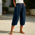 thumbnail image 1 of Capri Pants for Women Linen Wide Leg Loose Fit with Drawstring Elastic Waist Casual Summer Cuffed Pants with Pockets, M, 1 of 6