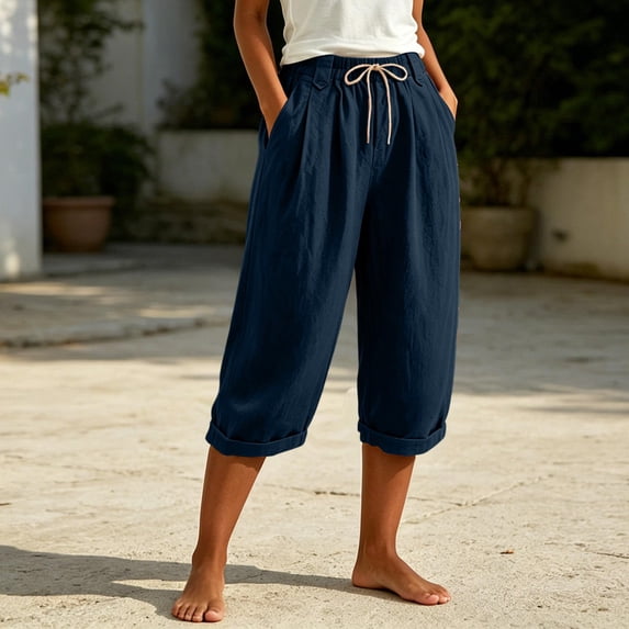 Capri Pants for Women Linen Wide Leg Loose Fit with Drawstring Elastic Waist Casual Summer Cuffed Pants with Pockets, M