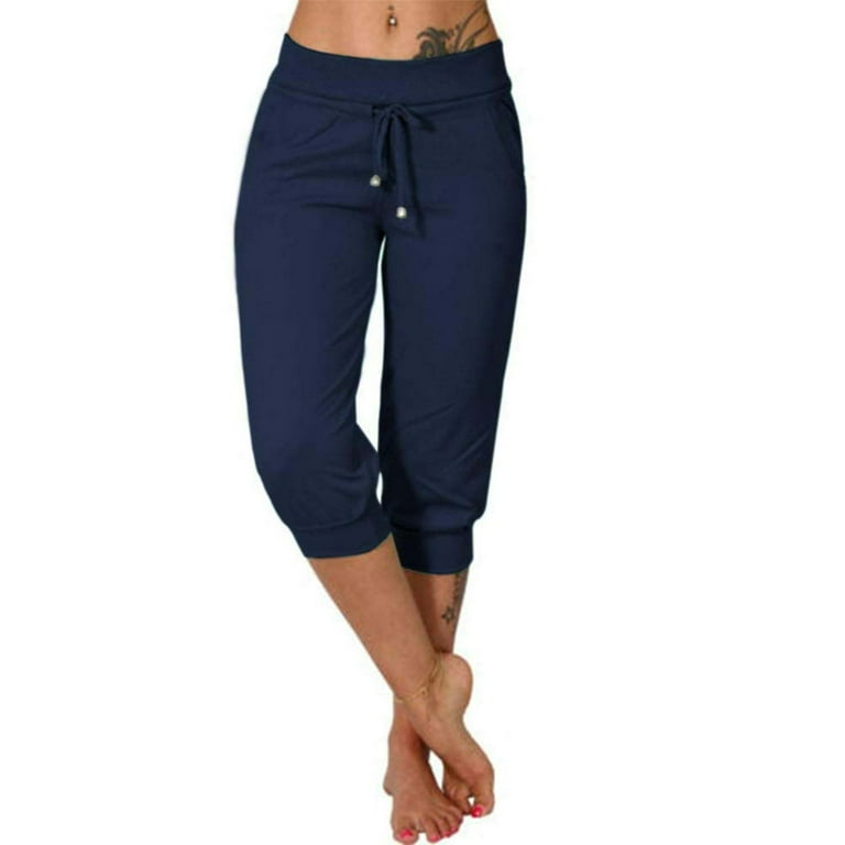 Capri Pants for Women Loose Fit Jogger Pants Elastic Waist Drawstring Lounge Athletic Workout Walmart