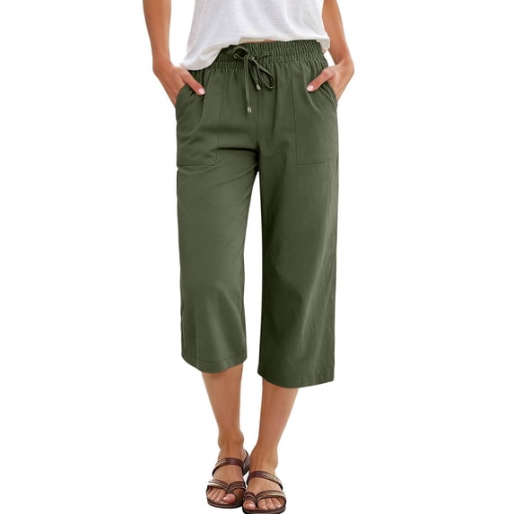 Capri Pants for Women Palazzo Pants Casual Petite Pull on Wide Leg Trousers with Pockets Summer High Waisted Drawstring Pants Army Green XL