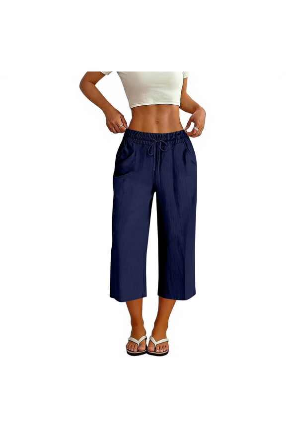 Capri Pants for Women Petite Summer High Waisted Drawstring Sraight Wide Leg Cotton Pull on Ladies Linen Pant with Pockets Blue M