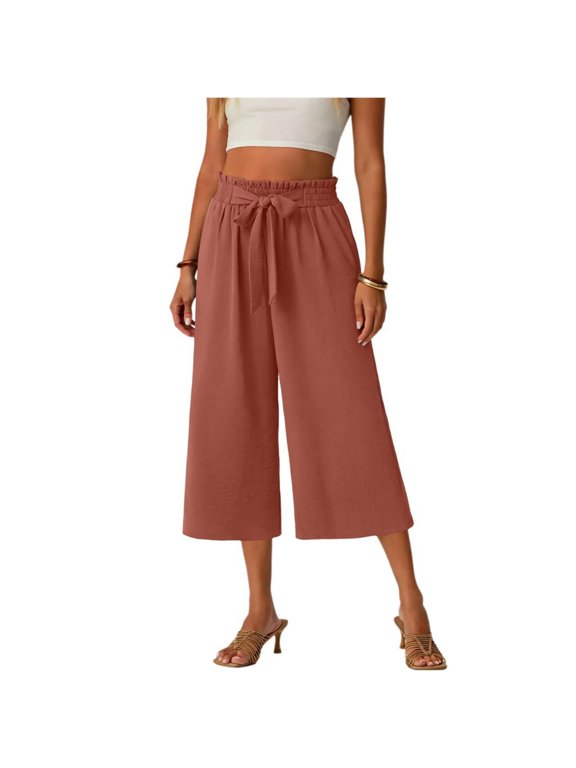 Capri Pants for Women Petite Wide Leg Summer Capris Pant Palazzo Loose Fit Casual Trousers with Pockets 2026 Trendy Light Brown S