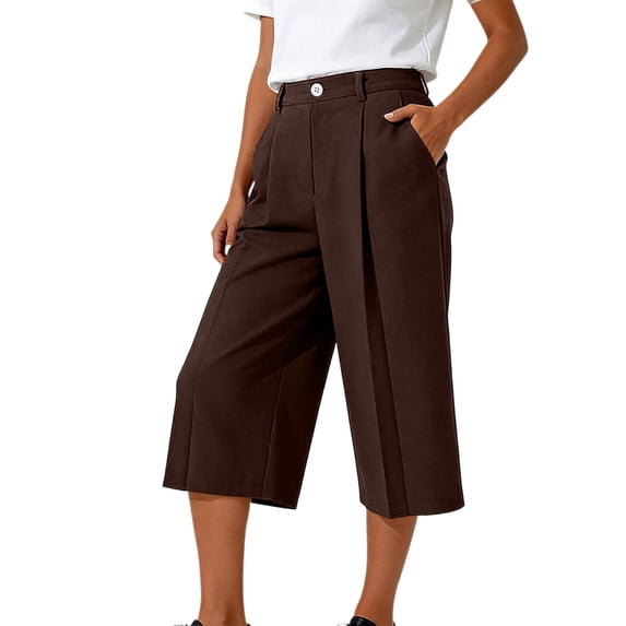 Capri Pants for Women Pleated Business Casual Work Trousers High Waisted Relaxed Fit Dressy Capris with Pockets