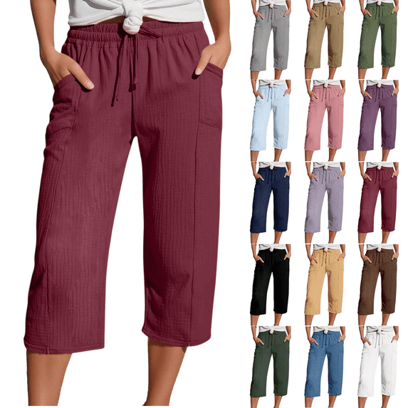 Capri Pants for Women Plus Size Casual Straight Leg High Waist Capris with Pockets Summer Lightweight Beach Cropped Pants,Sizes S-5XL