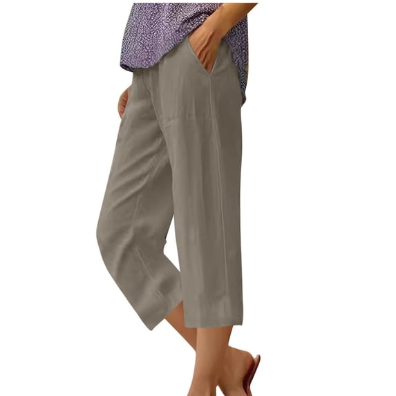 Capri Pants for Women Plus Size Cotton and Linen Elastic Summer Waist Solid Color Capris Shorts Pants with Pockets